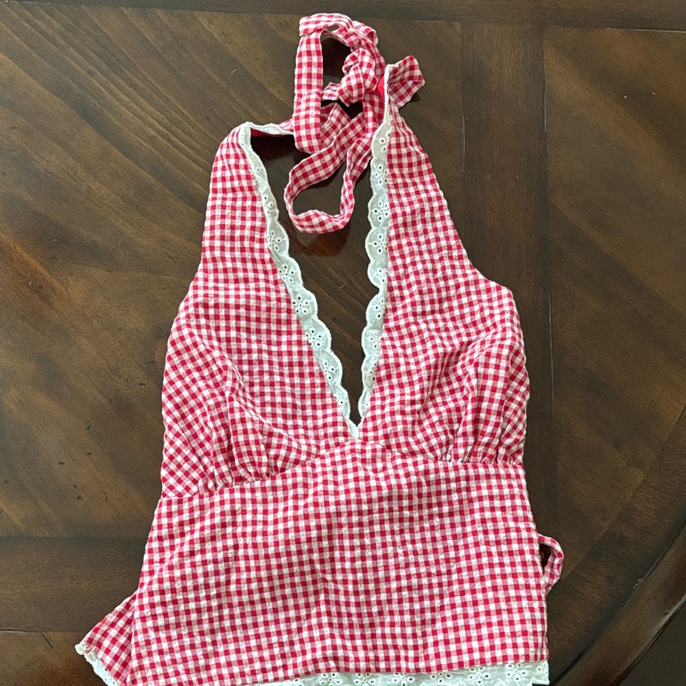 Beginning Boutique Red Gingham Top with White Lace